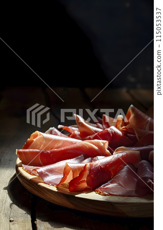 spanish serrano ham in a plate, generative AI 115053537