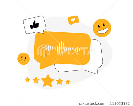 Voice of Customer - VoC data collects customer feedback. VoC analysis, survey and insights visual. Customer experience feedback flat vector illustration with icons Voice of Customer - VoC data collects customer feedback. VoC analysis, survey and insights visual. Customer experience feedback flat vector illustration with icons 115053582