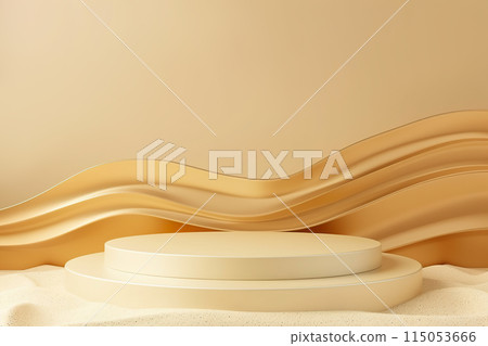 Luxurious gold toned podium featuring fluid, wave like curves. Ideal for highlighting premium goods in a graceful and sophisticated manner. Empty scene. Stage, display, showcase. Generative AI. Luxurious gold toned podium featuring fluid, wave like curves. Ideal for highlighting premium goods in a graceful and sophisticated manner. Empty scene. Stage, display, showcase. Generative AI. 115053666