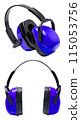 Set of blue earphones to work at the machine 115053756