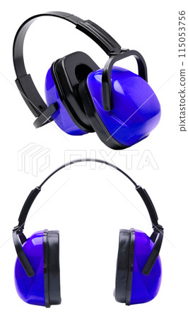 Set of blue earphones to work at the machine 115053756