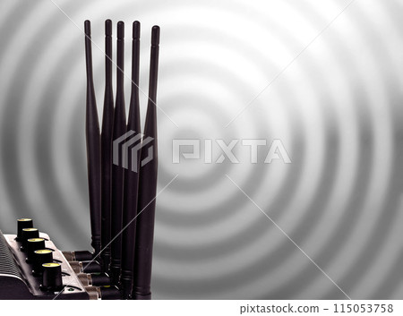 Router black with antenna carved on a radio waves background Router black with antenna carved on a radio waves background 115053758