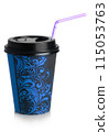 Blue paper Cup to drink with straw on a white background 115053763