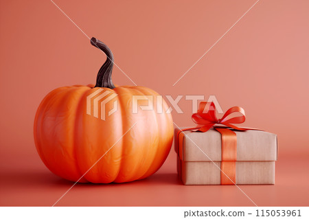 Halloween image orange background with pumpkins and gift boxes 115053961