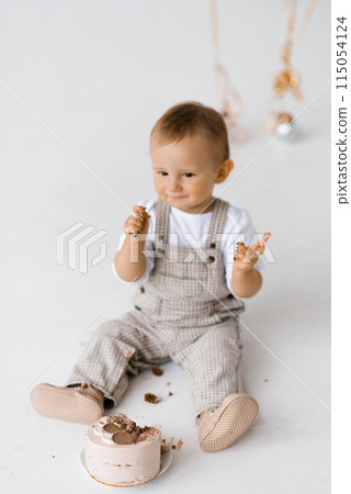 Funny little boy is sitting near a birthday cake Funny little boy is sitting near a birthday cake 115054124