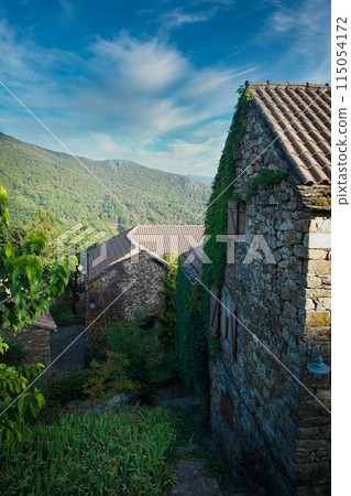 Rustic stone houses in lush green mountain landscape create picturesque village architecture Rustic stone houses in lush green mountain landscape create picturesque village architecture 115054172