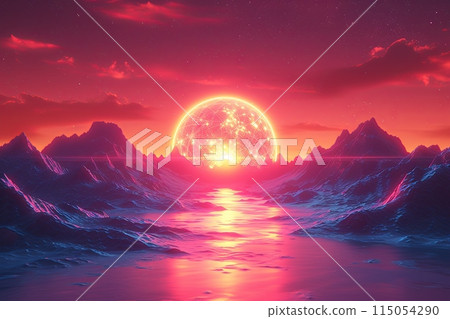 Bright orange sun is in the sky above a mountain range and a body of water. The scene is peaceful and serene Bright orange sun is in the sky above a mountain range and a body of water. The scene is peaceful and serene 115054290