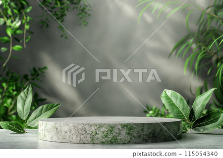 圓形石頭與植物產品場景展示臺 115054340