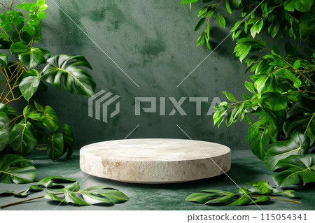 圓形石頭與植物產品場景展示臺 115054341