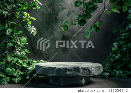 圓形石頭與植物產品場景展示臺 115054342