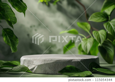 圓形石頭與植物產品場景展示臺 115054344