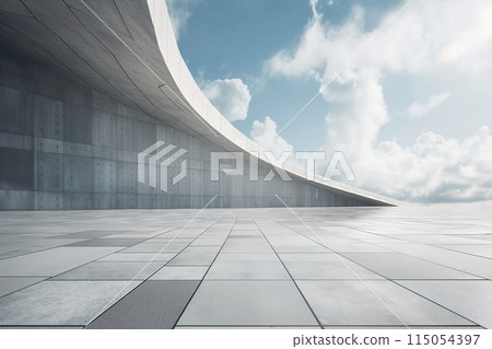 一座現代混合凝聚的巨型土拱形建築，地形燈光，明亮的天空背景。 115054397