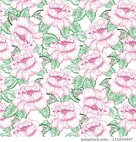 Spring pink peony flower seamless pattern with line art colorful flower. Chines peon and little flower background 115054447