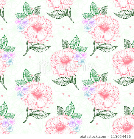 Spring peony flower seamless pattern with line art colorful flower. Chines peon and little flower background. 115054456
