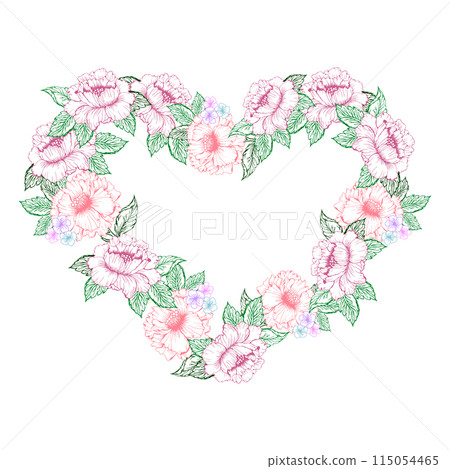 Spring floral heart wreath with peony flower. Pink and little flower with green leaves frame for card or invite 115054465