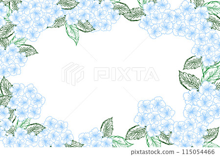 Spring floral horizontal banner with blue hydrangea flower. Line art little flower with leaves for card or invite, coloring page. 115054466