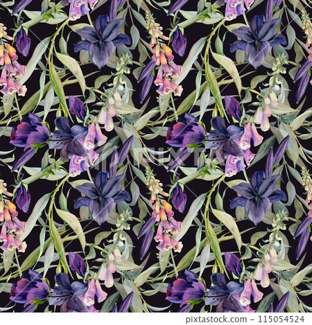 Hand drawn watercolor illustration boho botanical flowers leaves. Foxglove snapdragon lupin, willow eucalyptus, lily clivia amaryllis. Seamless pattern isolated on dark. Design wedding, love cards Hand drawn watercolor illustration boho botanical flowers leaves. Foxglove snapdragon lupin, willow eucalyptus, lily clivia amaryllis. Seamless pattern isolated on dark. Design wedding, love cards 115054524