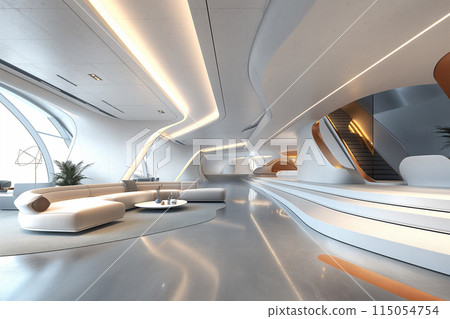 3D rendering of futuristic streamlined building interior space 115054754
