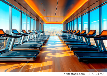 Interior of a modern fitness hall with rows of treadmills, atmosphere of an active lifestyle 115054755