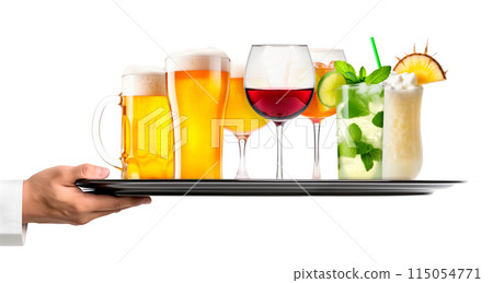 Waiter hand holding metal tray with collection... - Stock Illustration ...