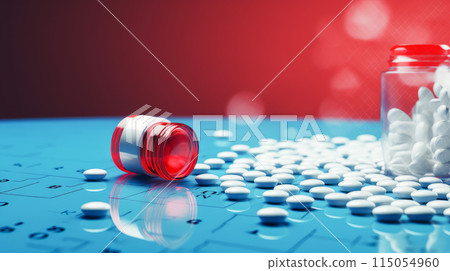 White pills, capsules and vitamins in a jar on a blue background. 115054960