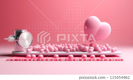 Multi-colored tablets, capsules and vitamins in a jar on a pink background. 115054962
