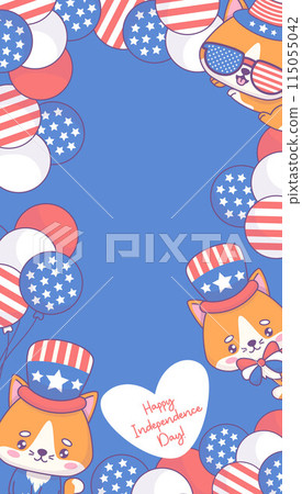 Happy Independence Day poster. Cute patriotic cats character in clothes and accessories with balloons in colors of American flag on blue background. Holiday vertical vector illustration. 4th of July. Happy Independence Day poster. Cute patriotic cats character in clothes and accessories with balloons in colors of American flag on blue background. Holiday vertical vector illustration. 4th of July. 115055042