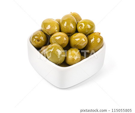 Green olives, in a white bowl Green olives, in a white bowl 115055805
