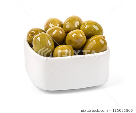 Green olives, in a white bowl Green olives, in a white bowl 115055806