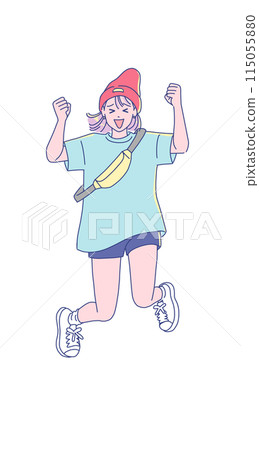 動漫風格的年輕女子精力充沛地跳躍 動漫風格的年輕女子精力充沛地跳躍 115055880