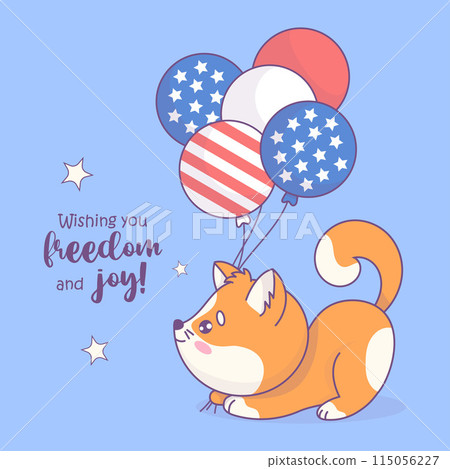 Playful red cat with balloons in colors of American flag. Funny holiday cartoon kawaii character. Postcard Independence Day. Vector illustration 115056227