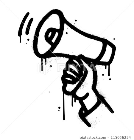 Spray Painted Graffiti Megaphone in hand icon Sprayed in black over white isolated. Arm holding loudspeaker. Textured vintage Vector illustration. 115056234