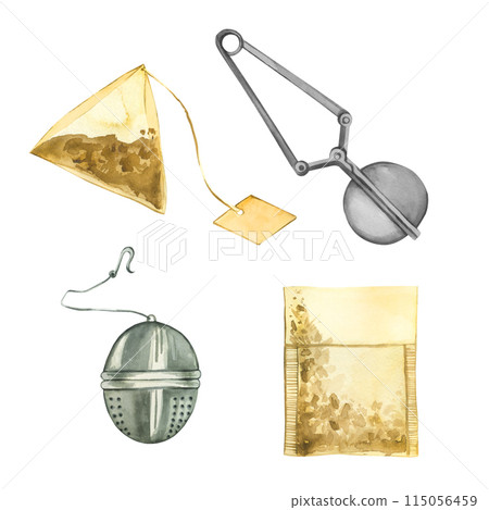 Set of watercolor illustrations. Tea bags, tea strainer, infuser for brewing. All objects are hand-painted with watercolors. For printing on packaging, paper, kitchen design, textiles Set of watercolor illustrations. Tea bags, tea strainer, infuser for brewing. All objects are hand-painted with watercolors. For printing on packaging, paper, kitchen design, textiles 115056459
