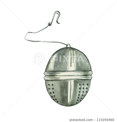 Tea strainer, round tea infuser with chain. All objects are hand-painted with watercolors. Watercolor illustration. For printing on packaging, paper, kitchen design, textiles Tea strainer, round tea infuser with chain. All objects are hand-painted with watercolors. Watercolor illustration. For printing on packaging, paper, kitchen design, textiles 115056460