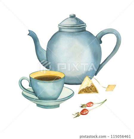 Kitchen teapot and blue porcelain cup, rose hips, tea bag. All objects are hand-painted with watercolors. Watercolor illustration. For printing on packaging, paper, kitchen design, textiles 115056461