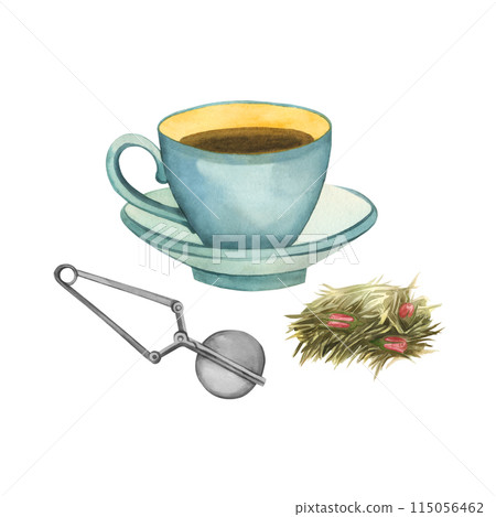 Watercolor illustration. A cup of blue tea, a green tea infuser, a tea strainer, an infuser for brewing. All objects are hand-painted with watercolors. For printing on fabric, product packaging, menus Watercolor illustration. A cup of blue tea, a green tea infuser, a tea strainer, an infuser for brewing. All objects are hand-painted with watercolors. For printing on fabric, product packaging, menus 115056462