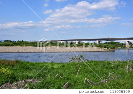 Shin-Jobu Bridge, linking Fukaya City, Saitama Prefecture and Ota City, Gunma Prefecture, seen from the upstream right bank 115056509