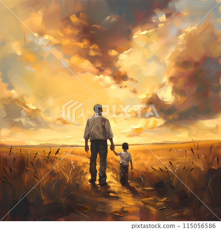 Father's day concept. Father and son walk across a field Father's day concept. Father and son walk across a field 115056586