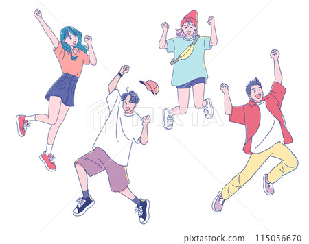 Anime-style young men and women jumping energetically Anime-style young men and women jumping energetically 115056670