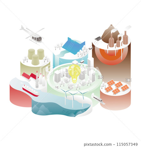 Isometric illustration of a smart city surrounded by energy and infrastructure A 115057349