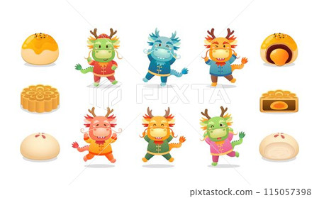 一組中秋節的向量插畫素材,龍的吉祥物與中國傳統食物,酥皮甜點 一組中秋節的向量插畫素材,龍的吉祥物與中國傳統食物,酥皮甜點 115057398