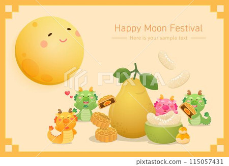 Cute dragon mascot celebrating Chinese Mid-Autumn Festival poster with full moon and pomelo with mooncakes Cute dragon mascot celebrating Chinese Mid-Autumn Festival poster with full moon and pomelo with mooncakes 115057431