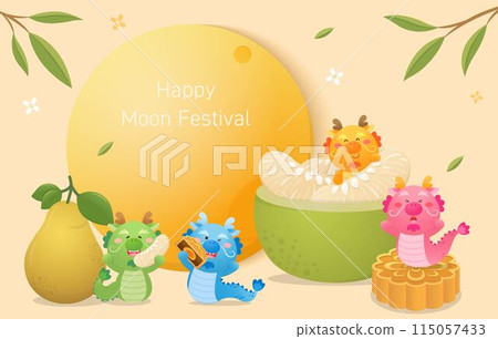 龍的吉祥物或腳色快樂慶祝中國中秋節的海報,滿月與柚與月餅 115057433