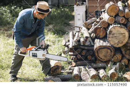 Man cutting wood with a chainsaw Man cutting wood with a chainsaw 115057490