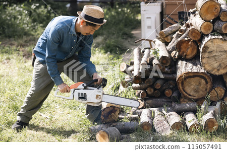 Man cutting wood with a chainsaw Man cutting wood with a chainsaw 115057491