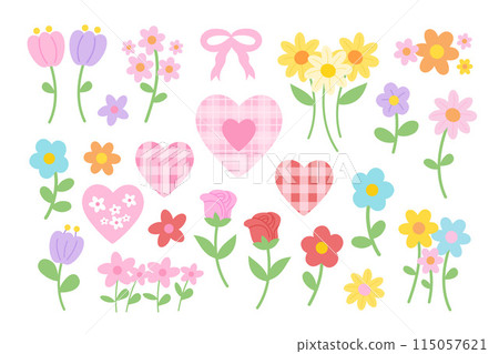 Illustration of tulip flowers, rose, sunflower, heart, pink ribbon for floral print, nature, garden, picnic, spring, summer, blossom, Valentine, card, print, sticker, cute patches, brooch, decoration 115057621