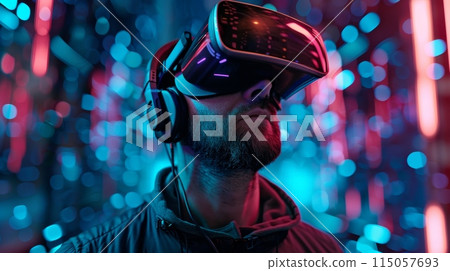 Vivid and immersive digital environment, man wearing virtual reality glasses. VR technology transporting into alternate universes 115057693
