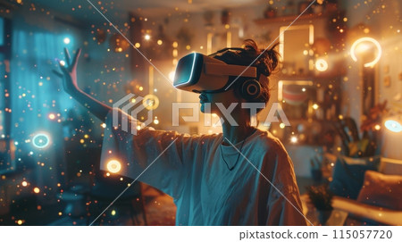 Futuristic Home Entertainment. Girl wearing VR glasses in her room and travelling through spectacular virtual realms. Technological advancement. 115057720