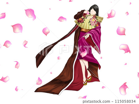 Woman in kimono holding a folding fan 115058034