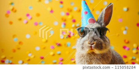 Happy birthday card concept. Rabbit with party hat and sunglasses celebrating birthday, carnival, New Year's eve, sylvester or other festive celebration Happy birthday card concept. Rabbit with party hat and sunglasses celebrating birthday, carnival, New Year's eve, sylvester or other festive celebration 115058284